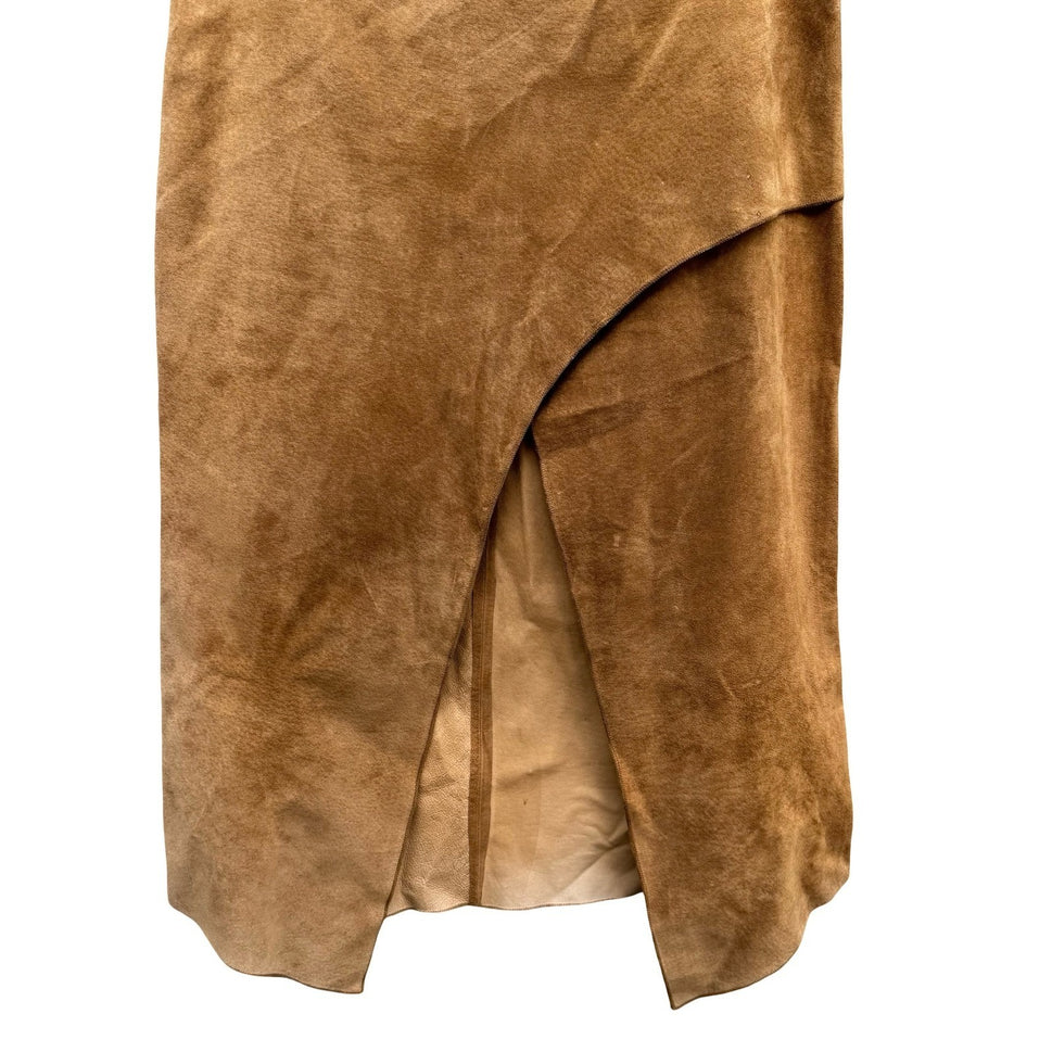 Vintage Y2K Boho Western Genuine Suede Asymmetrical Wrap Slit Midi Skirt Camel S