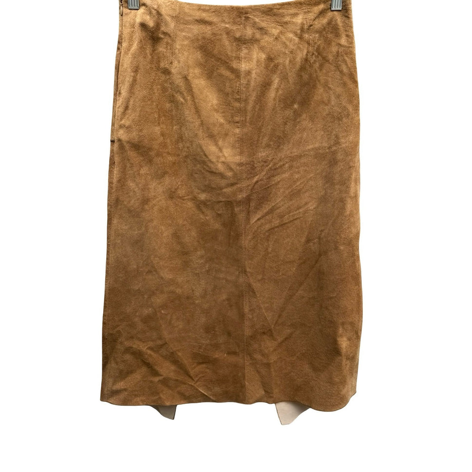 Vintage Y2K Boho Western Genuine Suede Asymmetrical Wrap Slit Midi Skirt Camel S