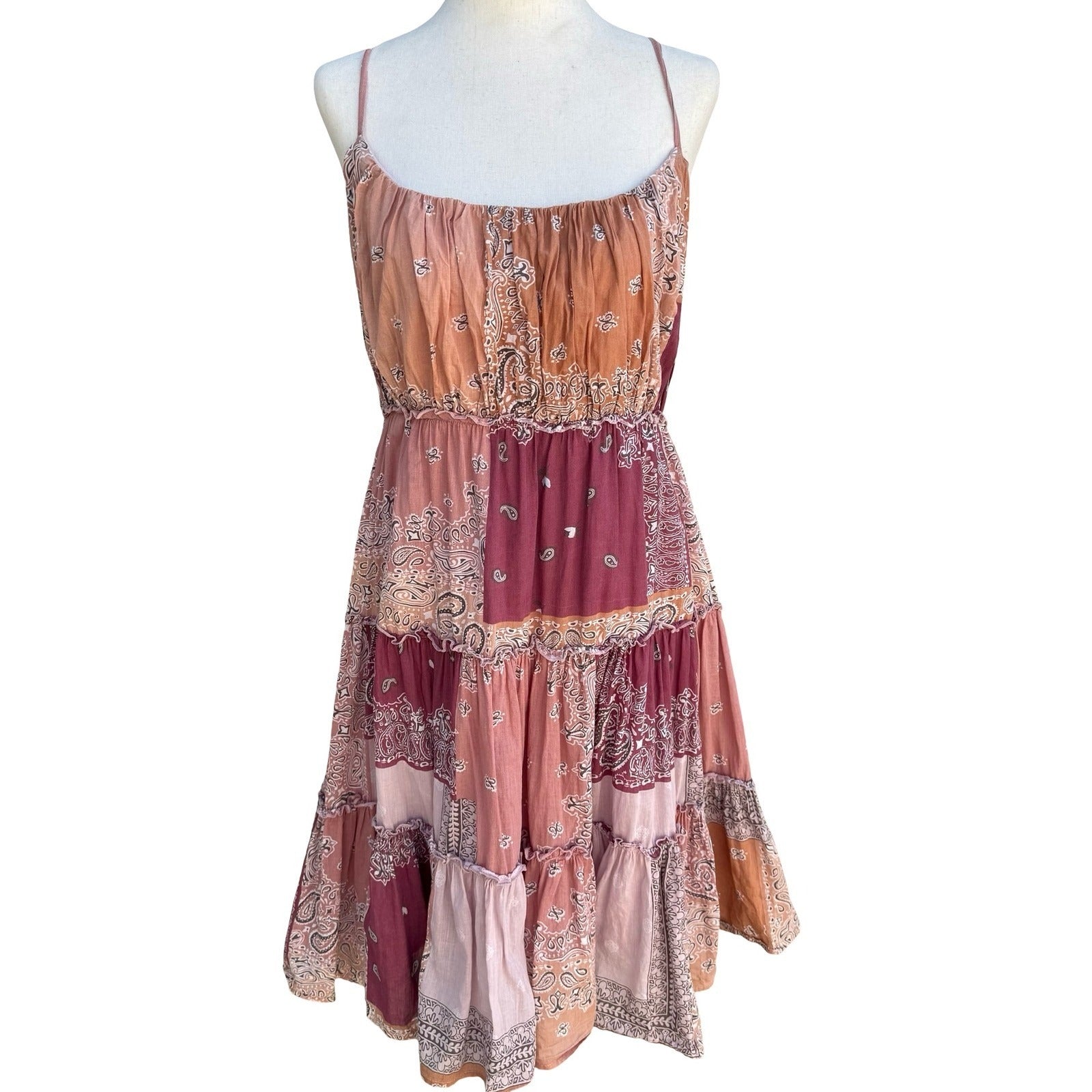 Lucky Brand Womens S Patchwork Bandana Tiered Cotton Sun Dress S Boho Western