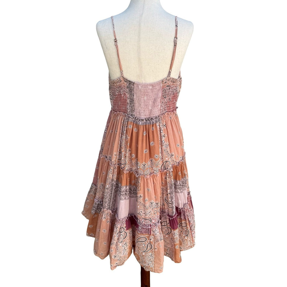 Lucky Brand Womens S Patchwork Bandana Tiered Cotton Sun Dress S Boho Western