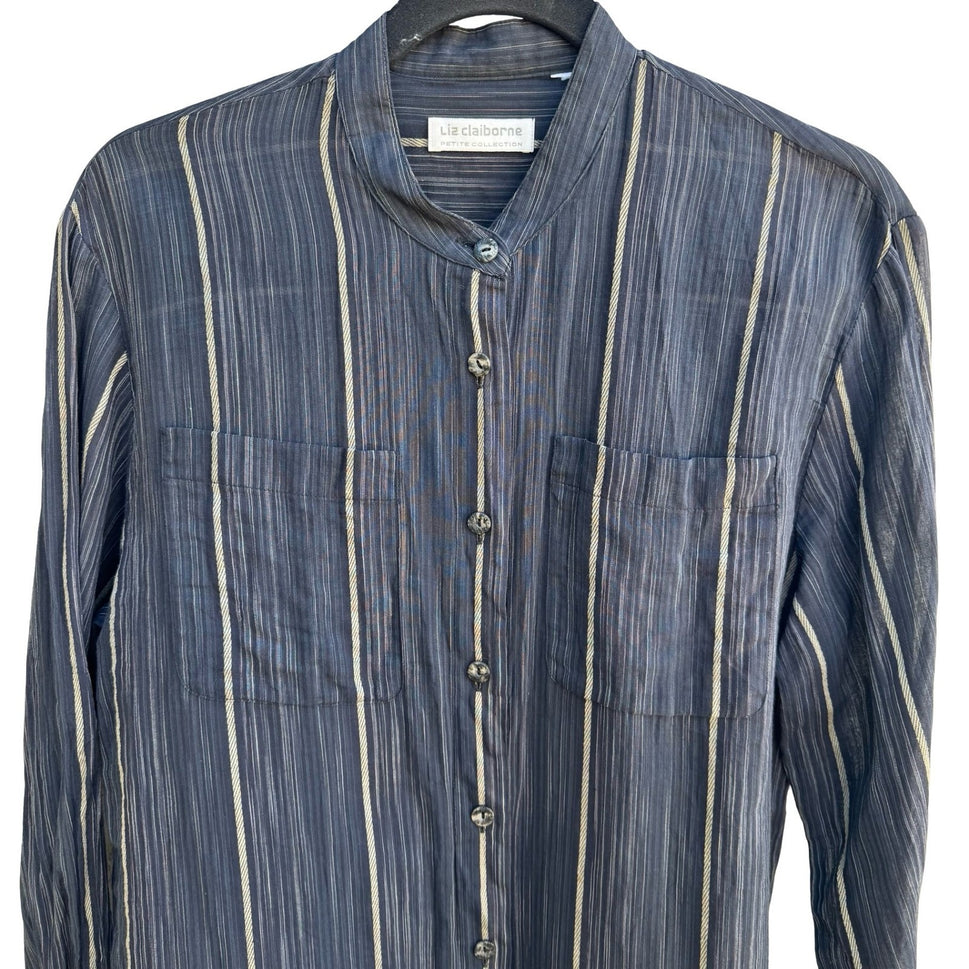 Liz Claiborne Vintage Coastal Minimalist Striped Mandarin Collar Gauze Shirt