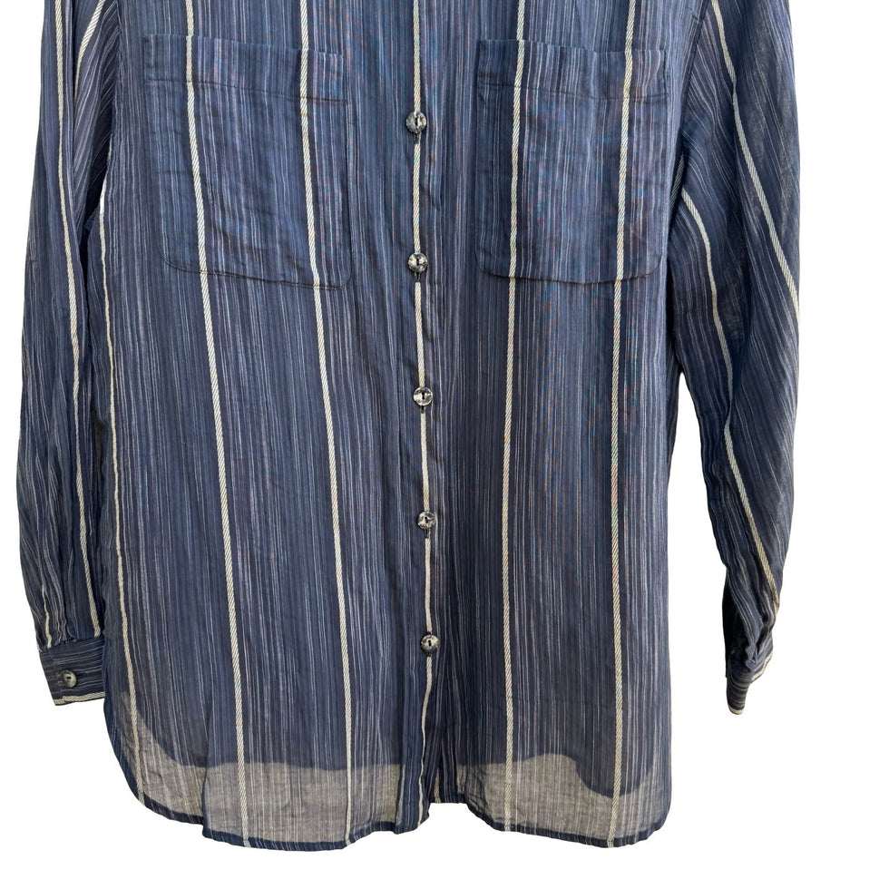 Liz Claiborne Vintage Coastal Minimalist Striped Mandarin Collar Gauze Shirt