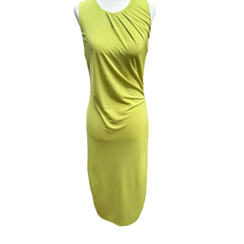 Poleci Vintage Y2K Minimalist Avant Garde Chartreuse Draped Ruched Midi Dress S