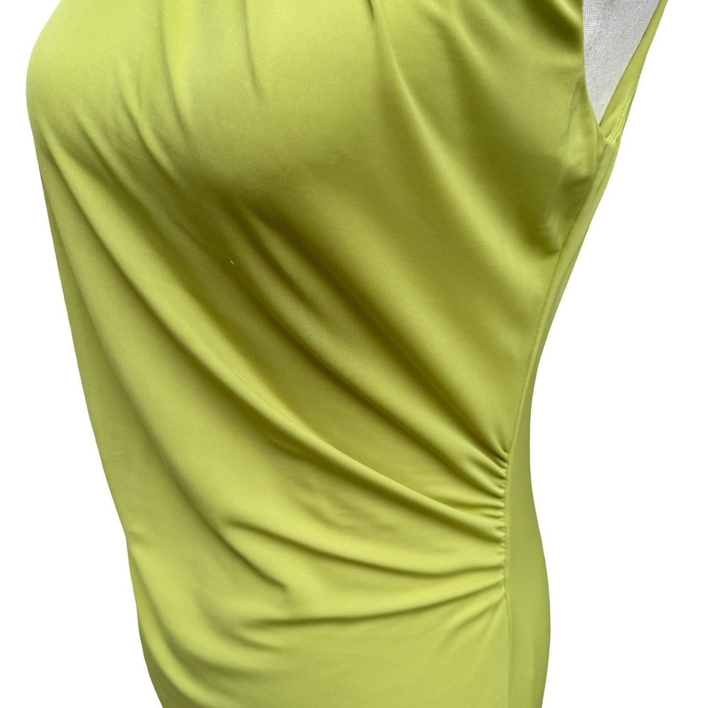 Poleci Vintage Y2K Minimalist Avant Garde Chartreuse Draped Ruched Midi Dress S