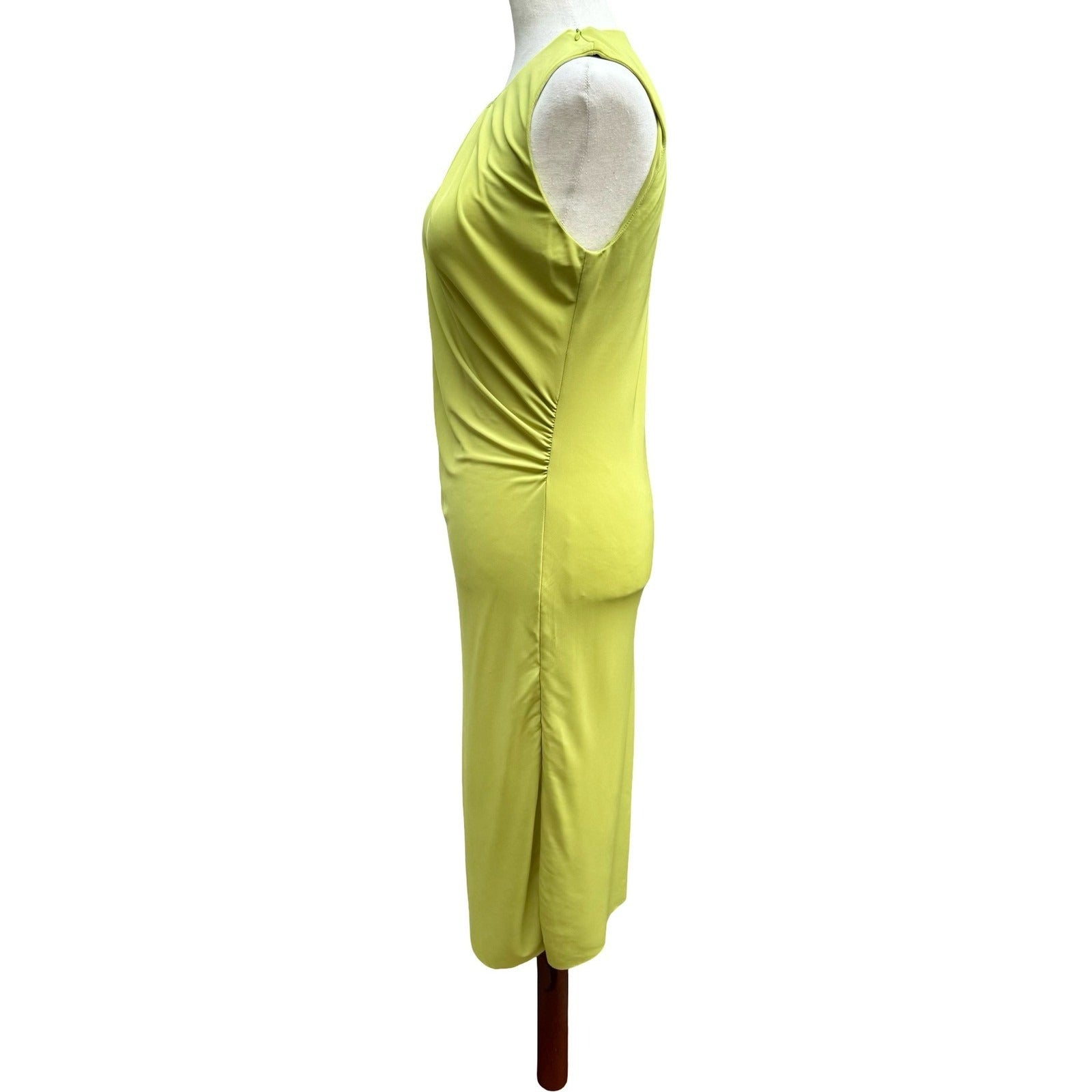 Poleci Vintage Y2K Minimalist Avant Garde Chartreuse Draped Ruched Midi Dress S