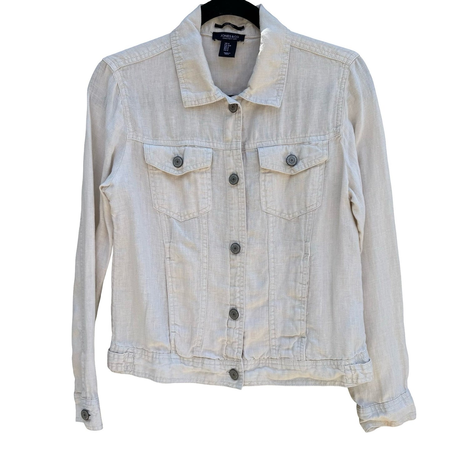 Jones New York Tan Natural Linen Trucker Jacket Womens S Coastal Minimalist
