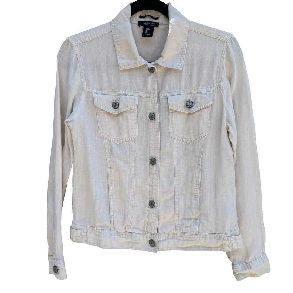 Jones New York Tan Natural Linen Trucker Jacket Womens S Coastal Minimalist