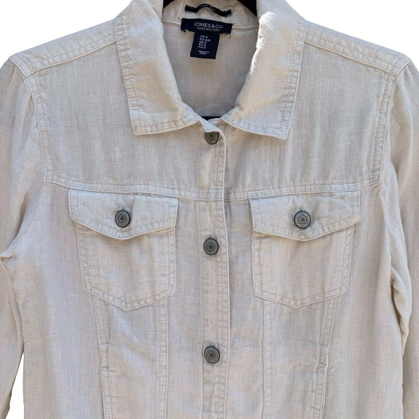 Jones New York Tan Natural Linen Trucker Jacket Womens S Coastal Minimalist