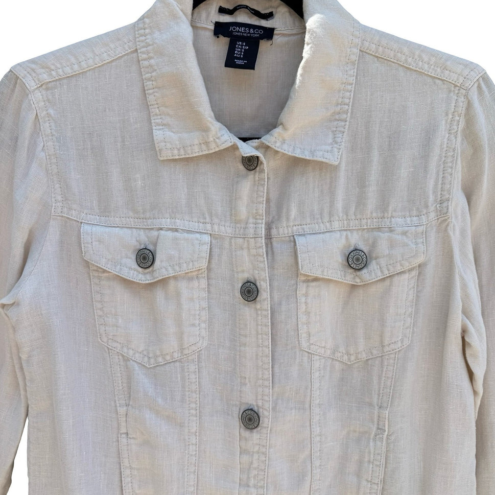 Jones New York Tan Natural Linen Trucker Jacket Womens S Coastal Minimalist