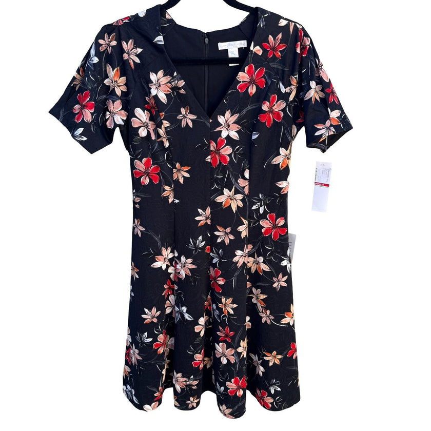 London Times Womens 4 Floral Jacquard Fit and Flare Dress Black Coral Red New