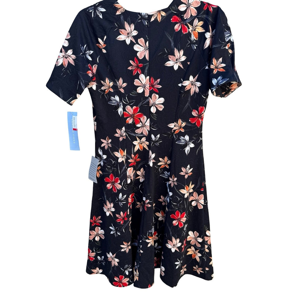 London Times Womens 4 Floral Jacquard Fit and Flare Dress Black Coral Red New