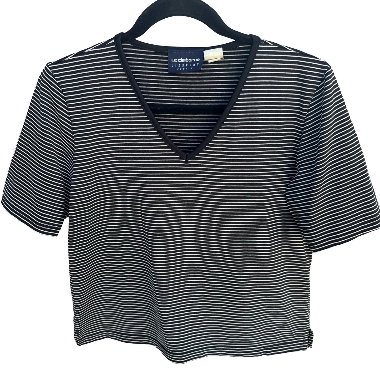 Liz Claiborne Vintage 80s 90s Cropped Black Striped V-Neck Short Sleeve Top PM
