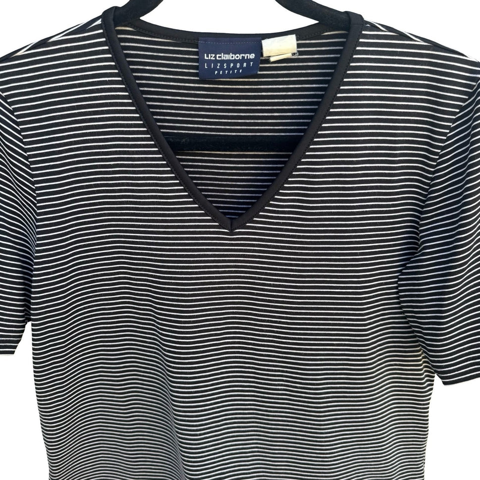 Liz Claiborne Vintage 80s 90s Cropped Black Striped V-Neck Short Sleeve Top PM