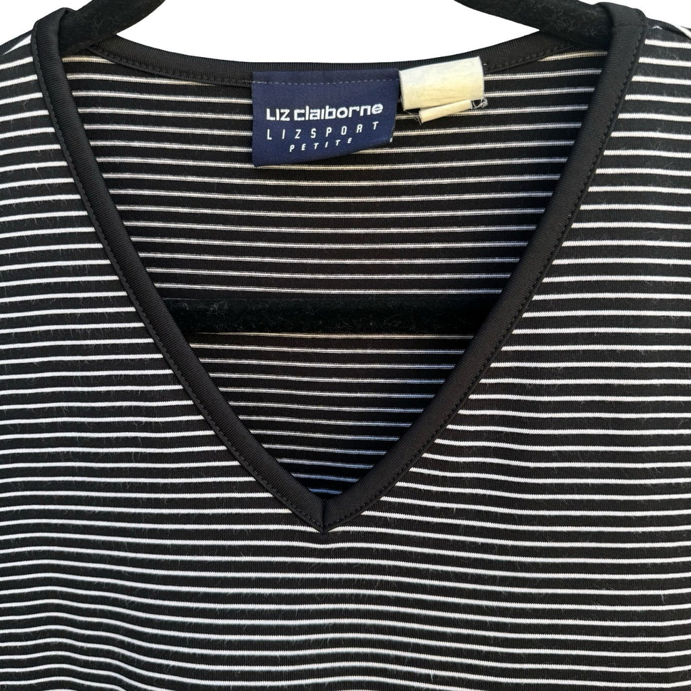 Liz Claiborne Vintage 80s 90s Cropped Black Striped V-Neck Short Sleeve Top PM