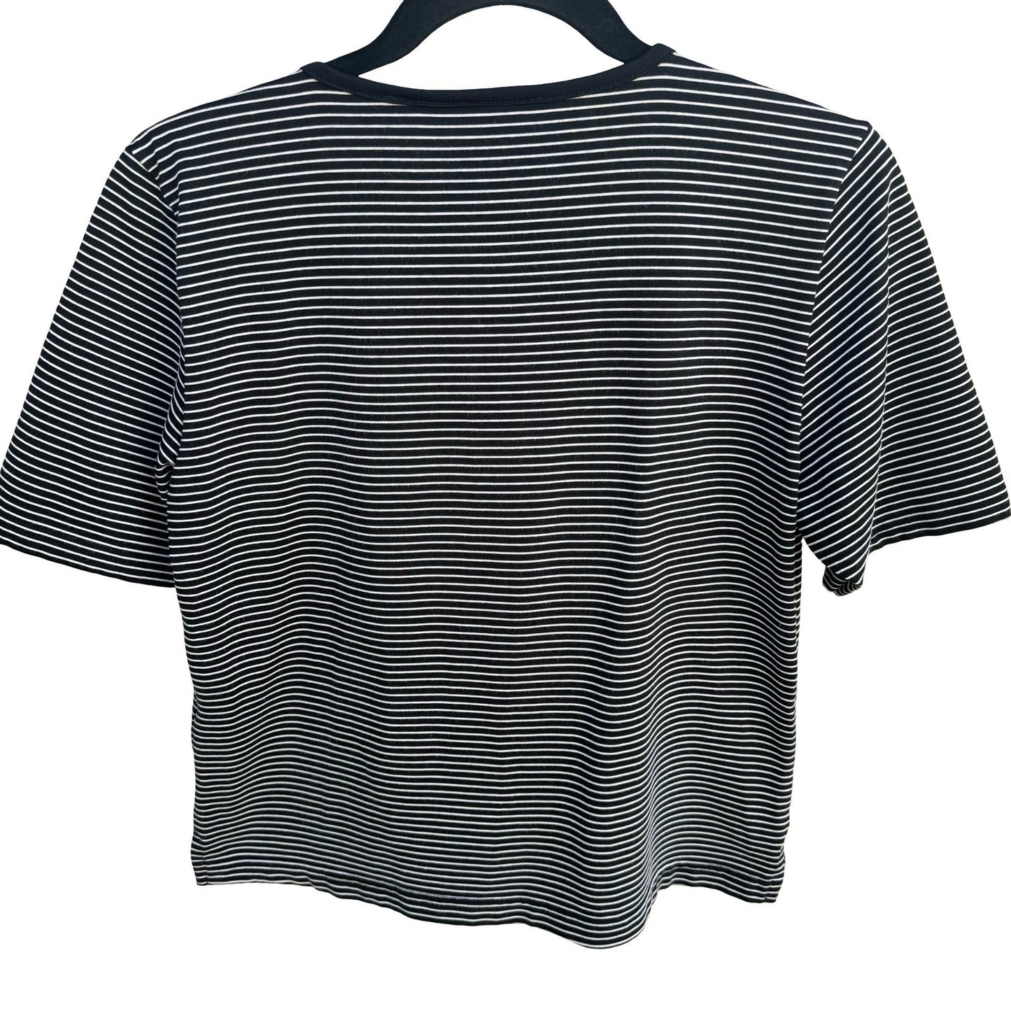 Liz Claiborne Vintage 80s 90s Cropped Black Striped V-Neck Short Sleeve Top PM