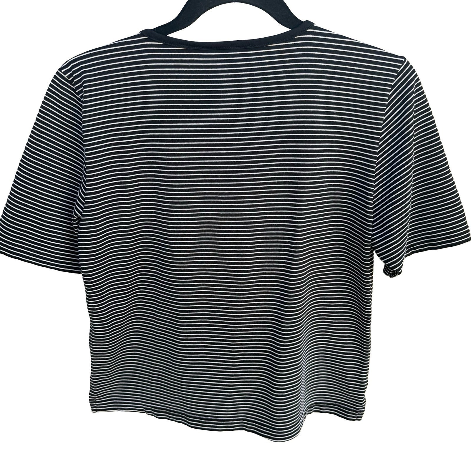 Liz Claiborne Vintage 80s 90s Cropped Black Striped V-Neck Short Sleeve Top PM
