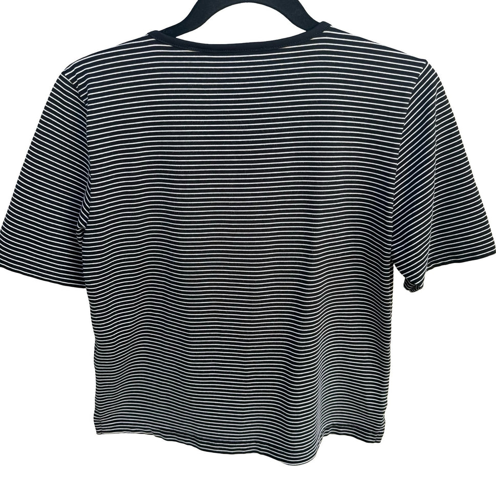 Liz Claiborne Vintage 80s 90s Cropped Black Striped V-Neck Short Sleeve Top PM
