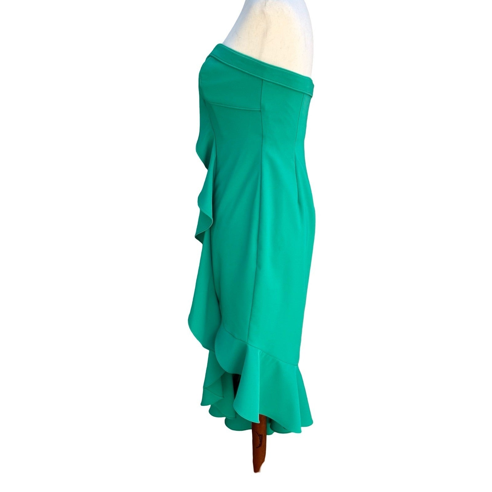 Liv Foster Emerald Green Strapless Ruffle Asymmetric Formal Midi Dress 4 Mermaid