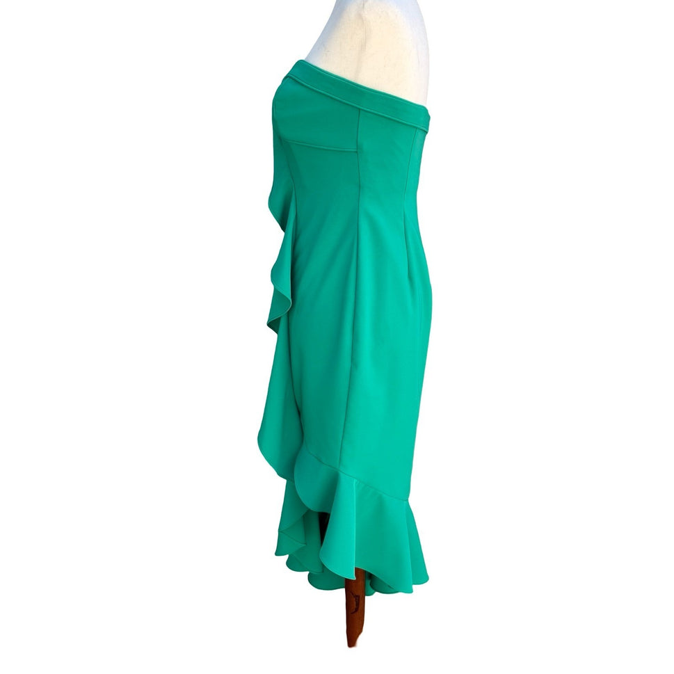 Liv Foster Emerald Green Strapless Ruffle Asymmetric Formal Midi Dress 4 Mermaid