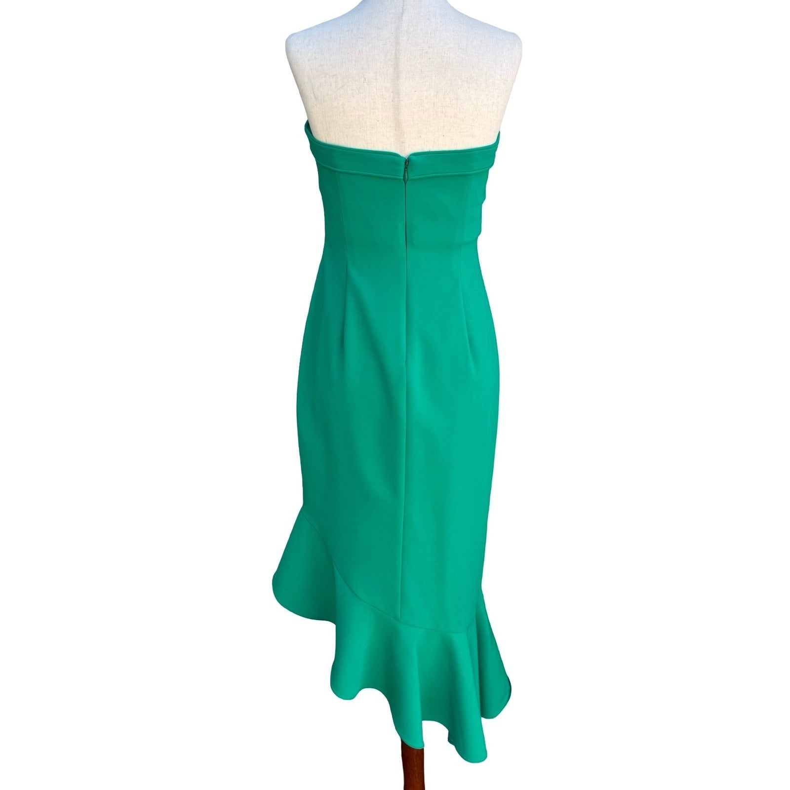 Liv Foster Emerald Green Strapless Ruffle Asymmetric Formal Midi Dress 4 Mermaid