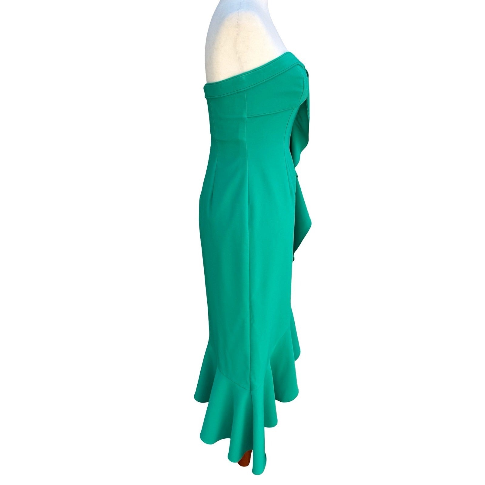 Liv Foster Emerald Green Strapless Ruffle Asymmetric Formal Midi Dress 4 Mermaid