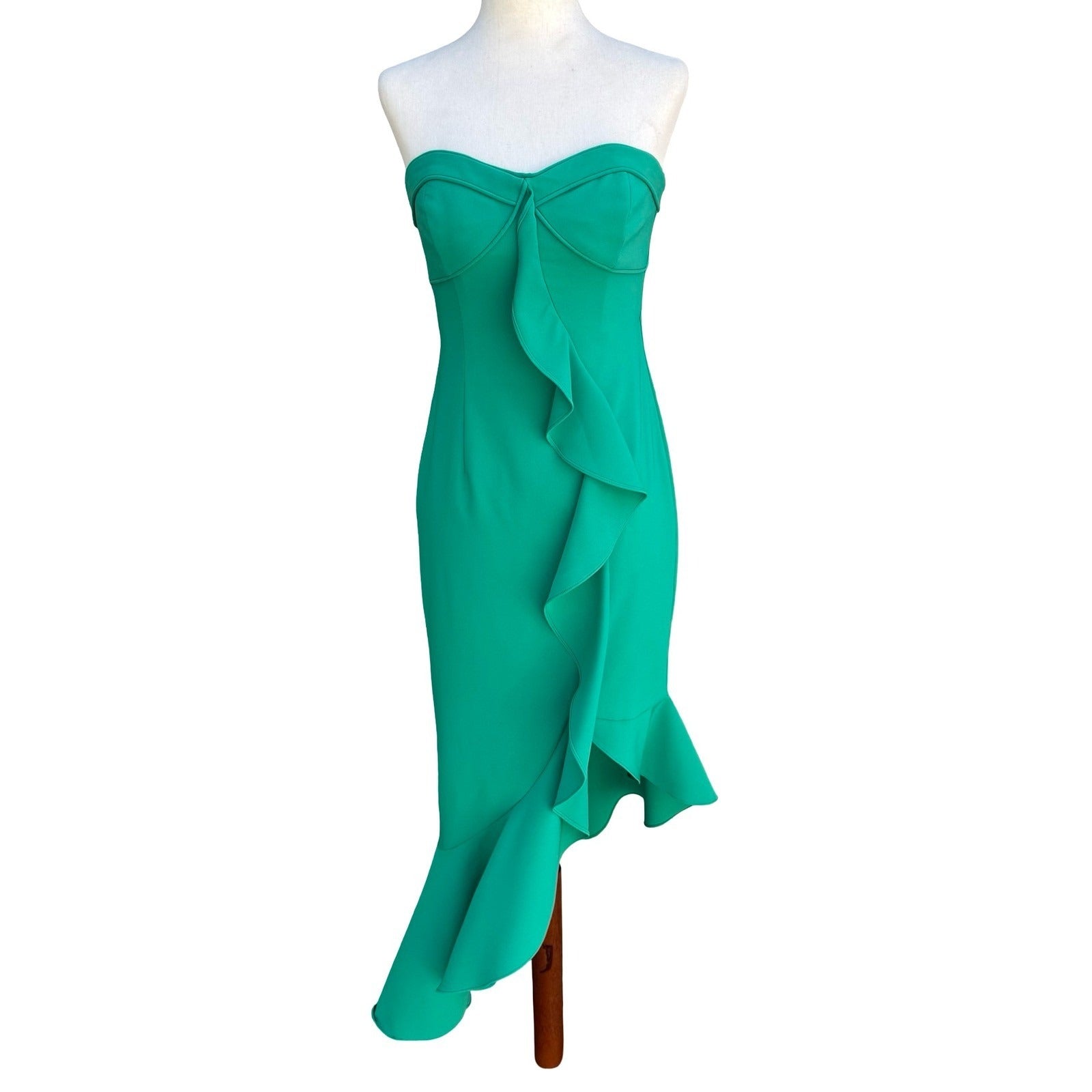 Liv Foster Emerald Green Strapless Ruffle Asymmetric Formal Midi Dress 4 Mermaid