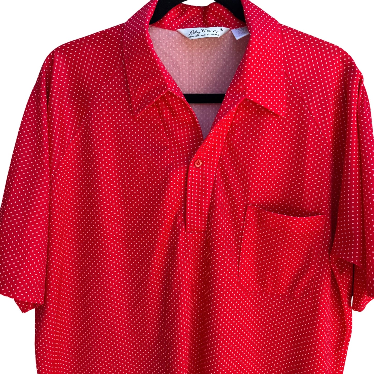 Lilly Dache Vintage 70s 80s Red Polka Dot Short Sleeve Disco Knit Polo Shirt L