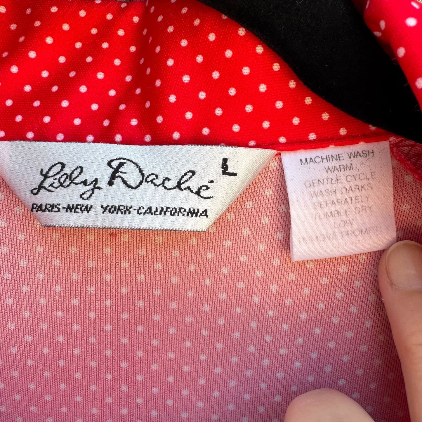 Lilly Dache Vintage 70s 80s Red Polka Dot Short Sleeve Disco Knit Polo Shirt L