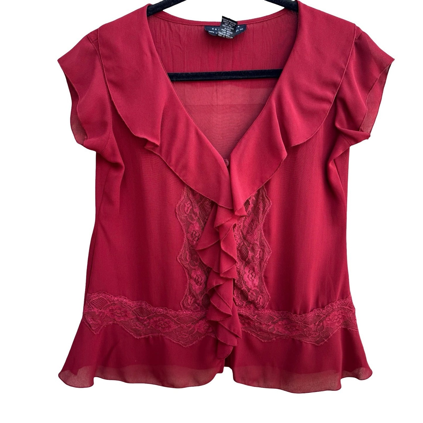 Separates Coquette Romanic Whimsigoth Ruffle Lace Sheer Feminine Blouse Red S