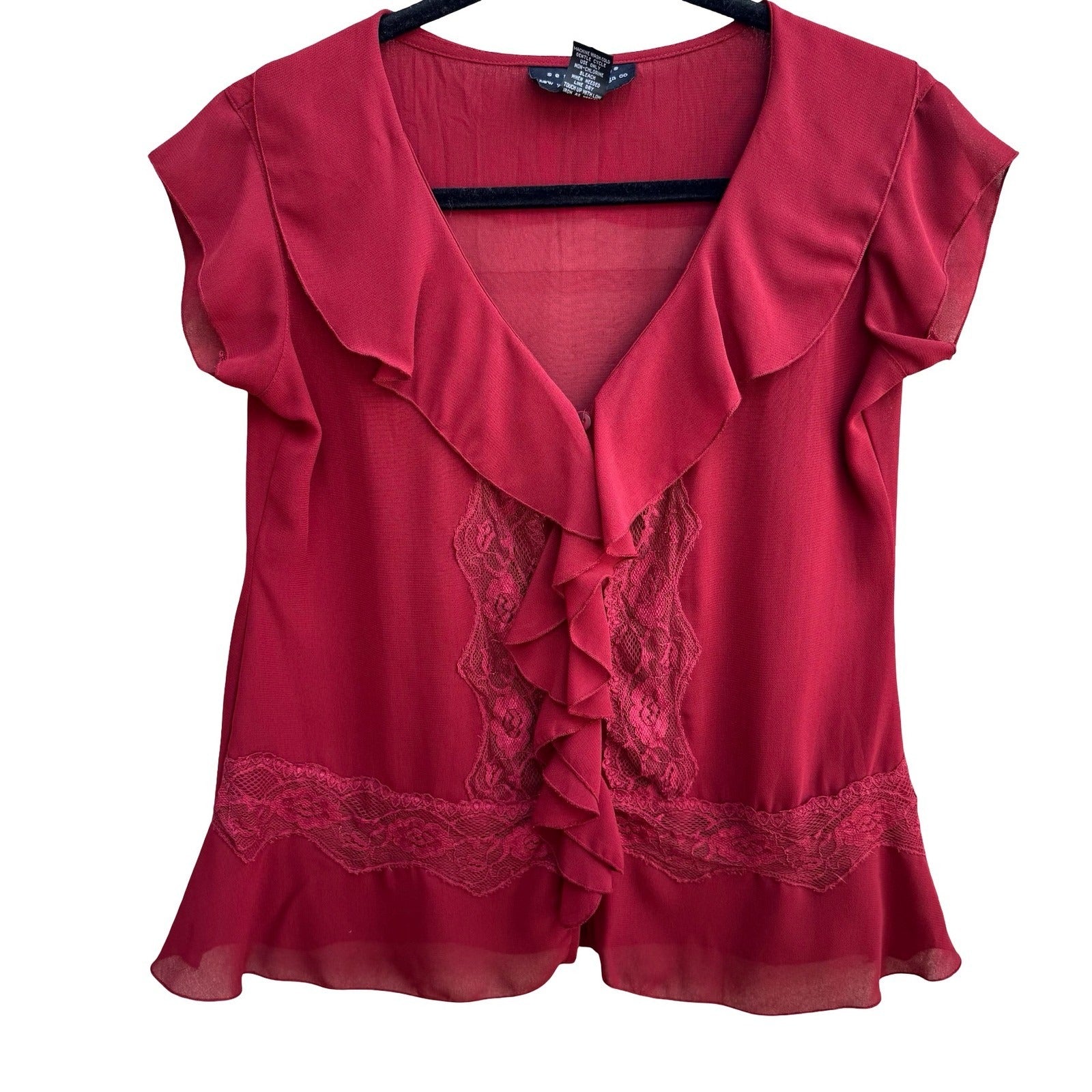 Separates Coquette Romanic Whimsigoth Ruffle Lace Sheer Feminine Blouse Red S