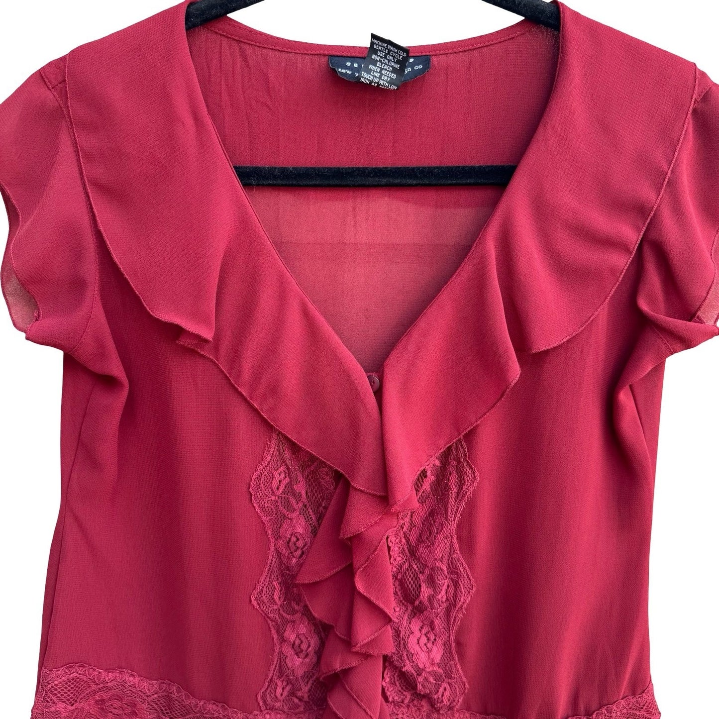 Separates Coquette Romanic Whimsigoth Ruffle Lace Sheer Feminine Blouse Red S