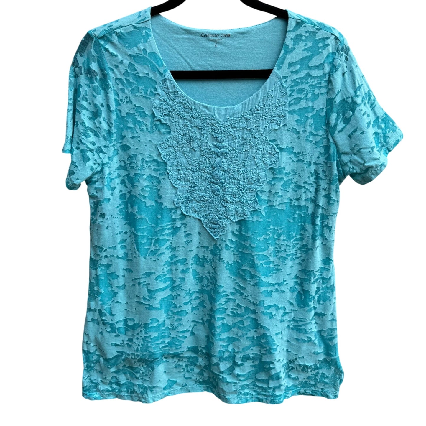 Coldwater Creek Womens Aqua Textured Burnout Sheer Overlay Short Sleeve Blouse L