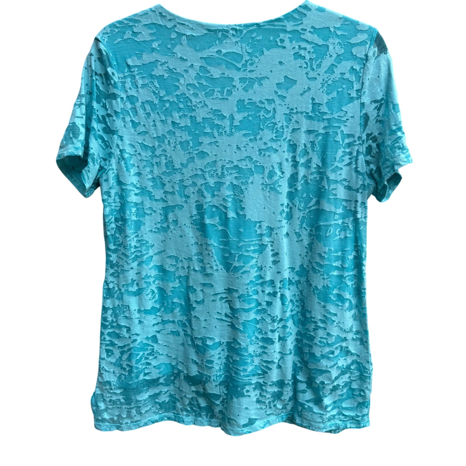 Coldwater Creek Womens Aqua Textured Burnout Sheer Overlay Short Sleeve Blouse L
