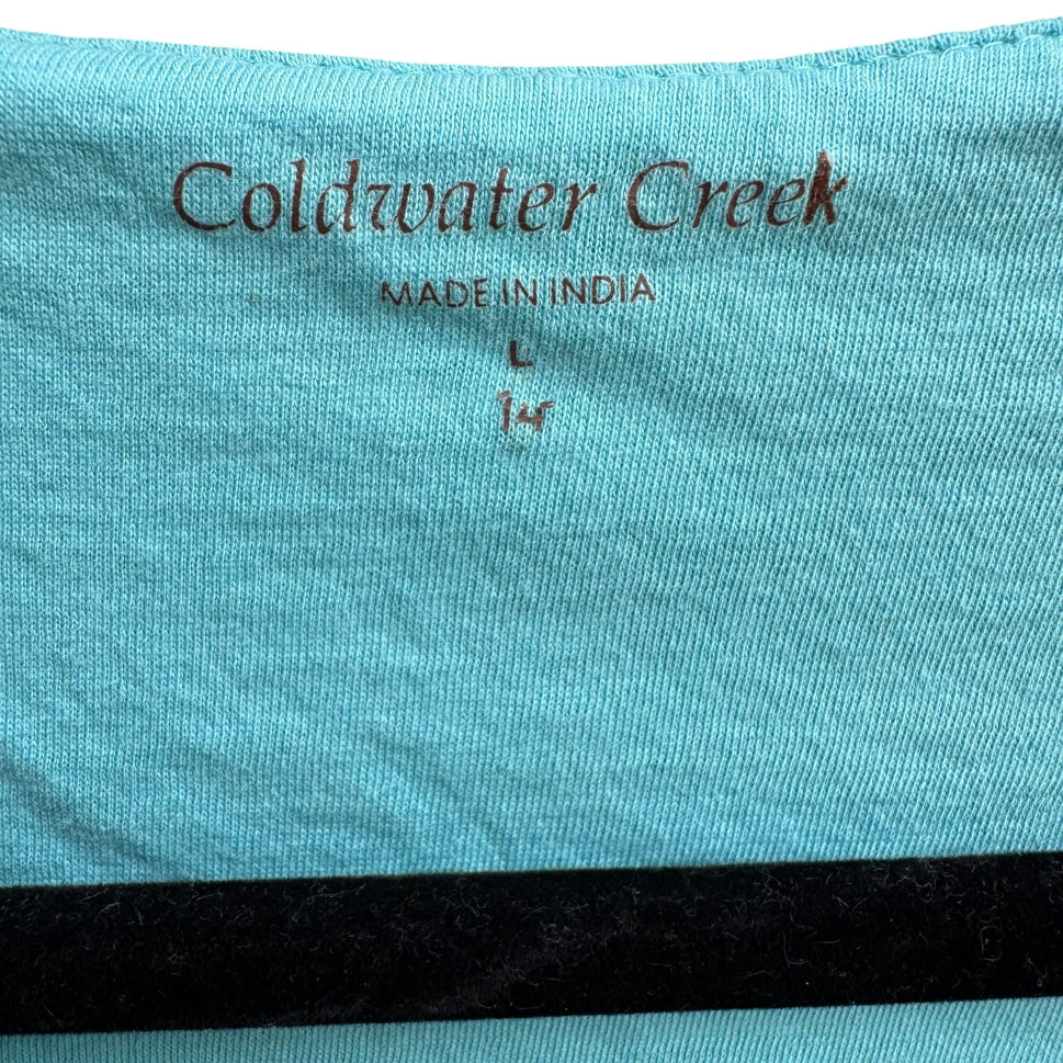 Coldwater Creek Womens Aqua Textured Burnout Sheer Overlay Short Sleeve Blouse L