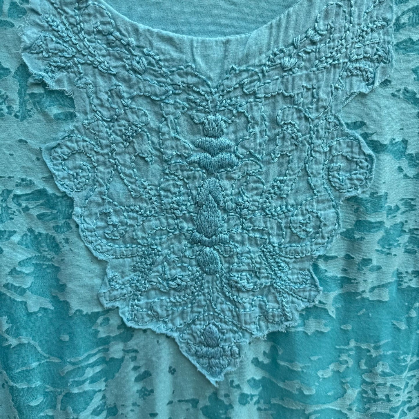 Coldwater Creek Womens Aqua Textured Burnout Sheer Overlay Short Sleeve Blouse L