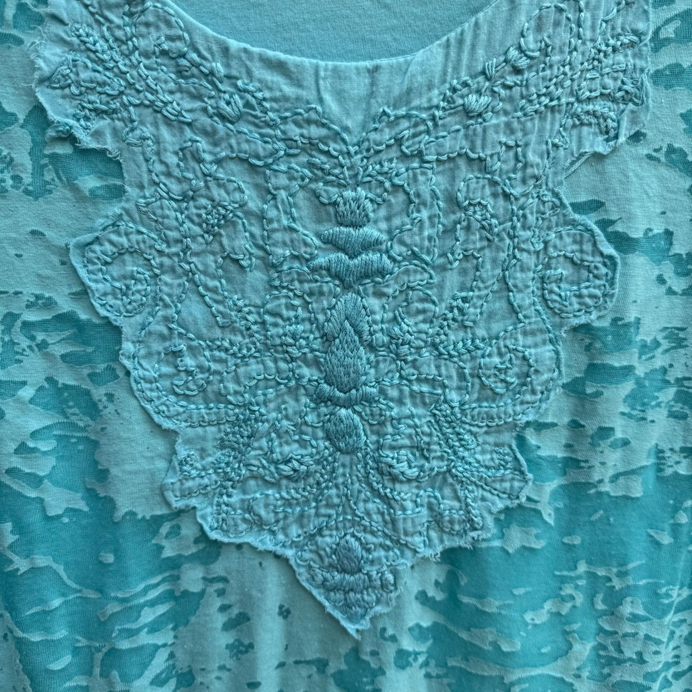 Coldwater Creek Womens Aqua Textured Burnout Sheer Overlay Short Sleeve Blouse L