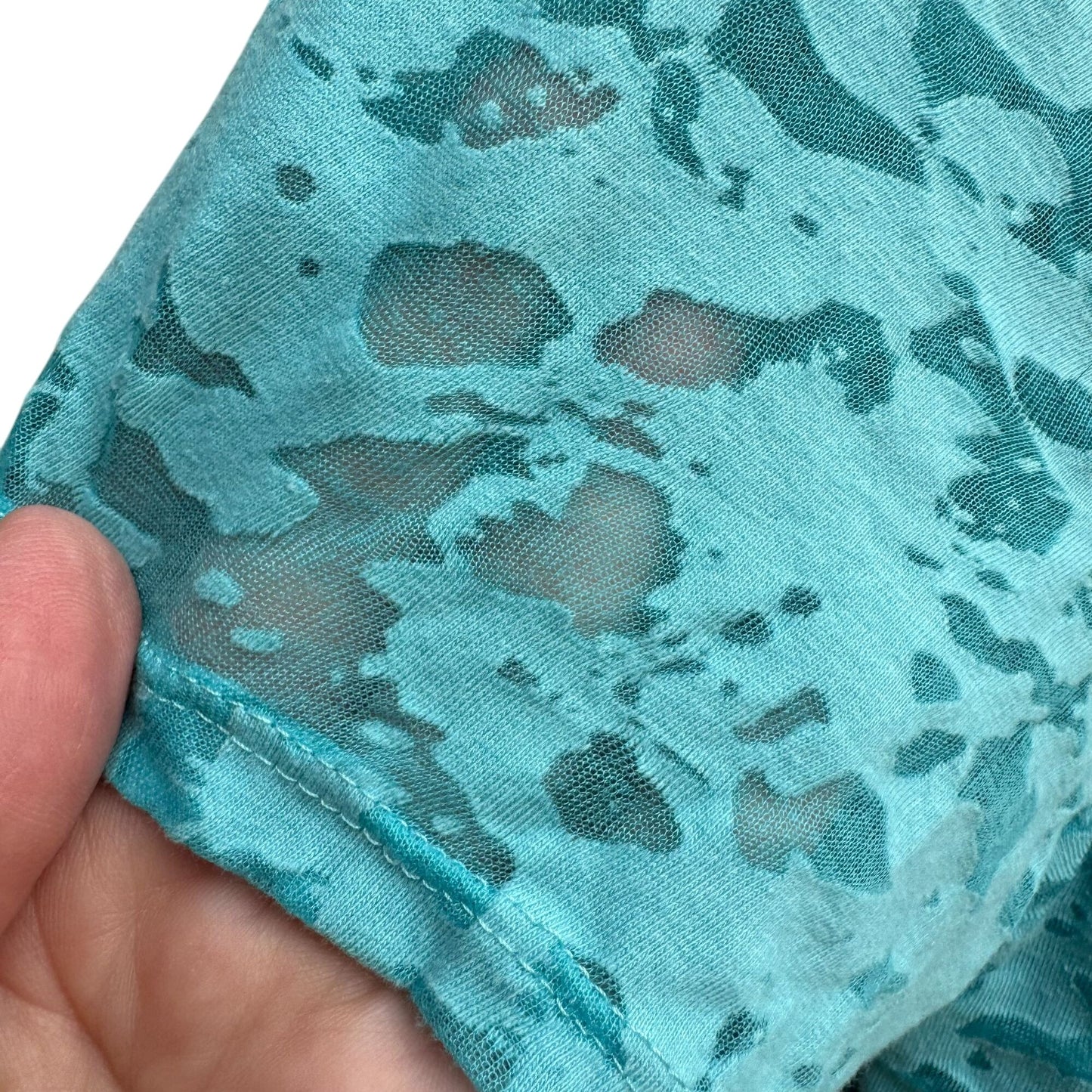 Coldwater Creek Womens Aqua Textured Burnout Sheer Overlay Short Sleeve Blouse L