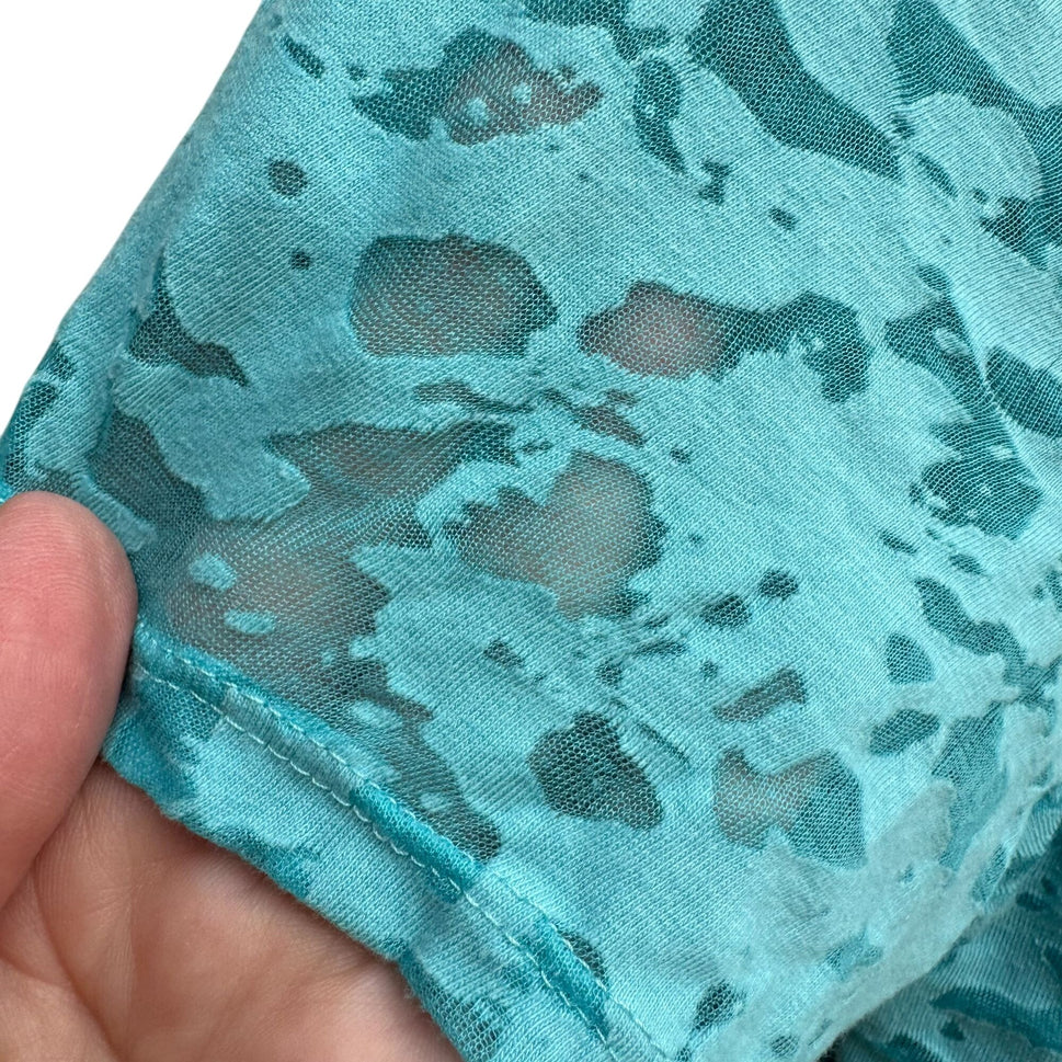 Coldwater Creek Womens Aqua Textured Burnout Sheer Overlay Short Sleeve Blouse L