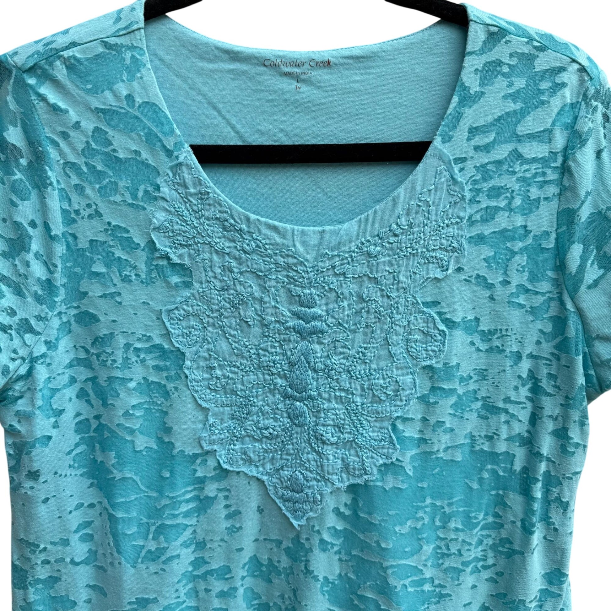 Coldwater Creek Womens Aqua Textured Burnout Sheer Overlay Short Sleeve Blouse L