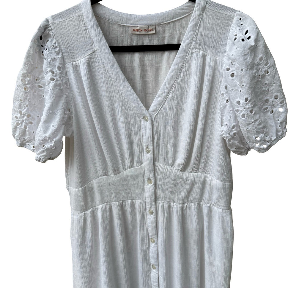 Knox Rose Feminine Eyelet Puff Sleeve Boho Cottagecore Prairie Dress White XL