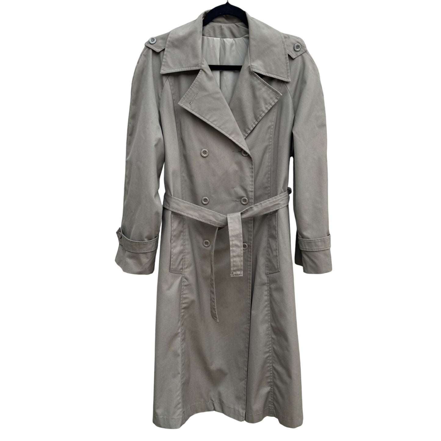 Rain Or Shine Vintage Womens Khaki Double-Breasted Belt Button Cuffs Trench Coat 14