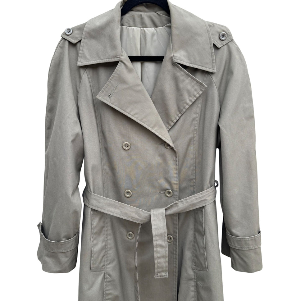 Rain Or Shine Vintage Womens Khaki Double-Breasted Belt Button Cuffs Trench Coat 14