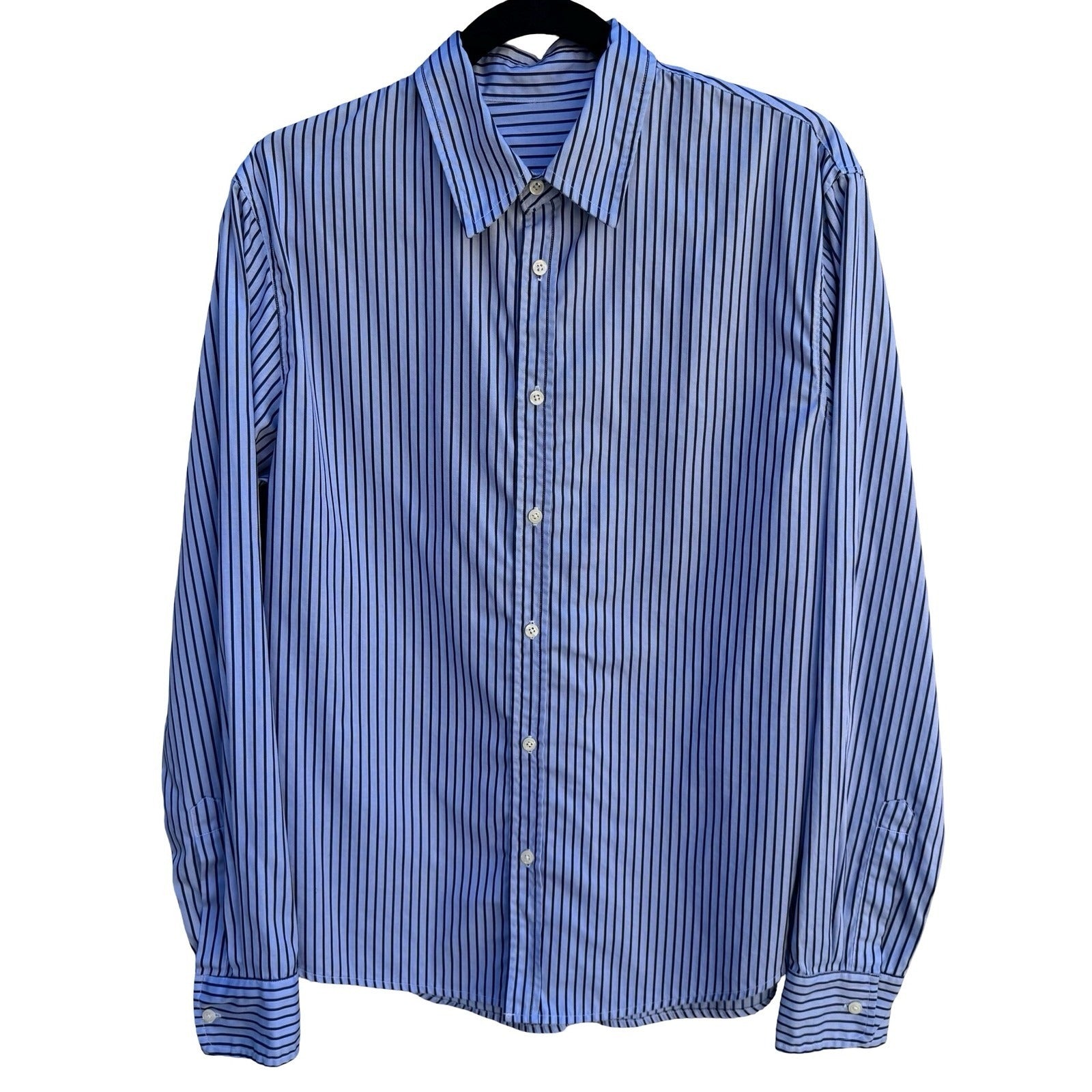 Vintage Blue Vertical Striped Long Sleeve Button Down Shirt Business Office Wear