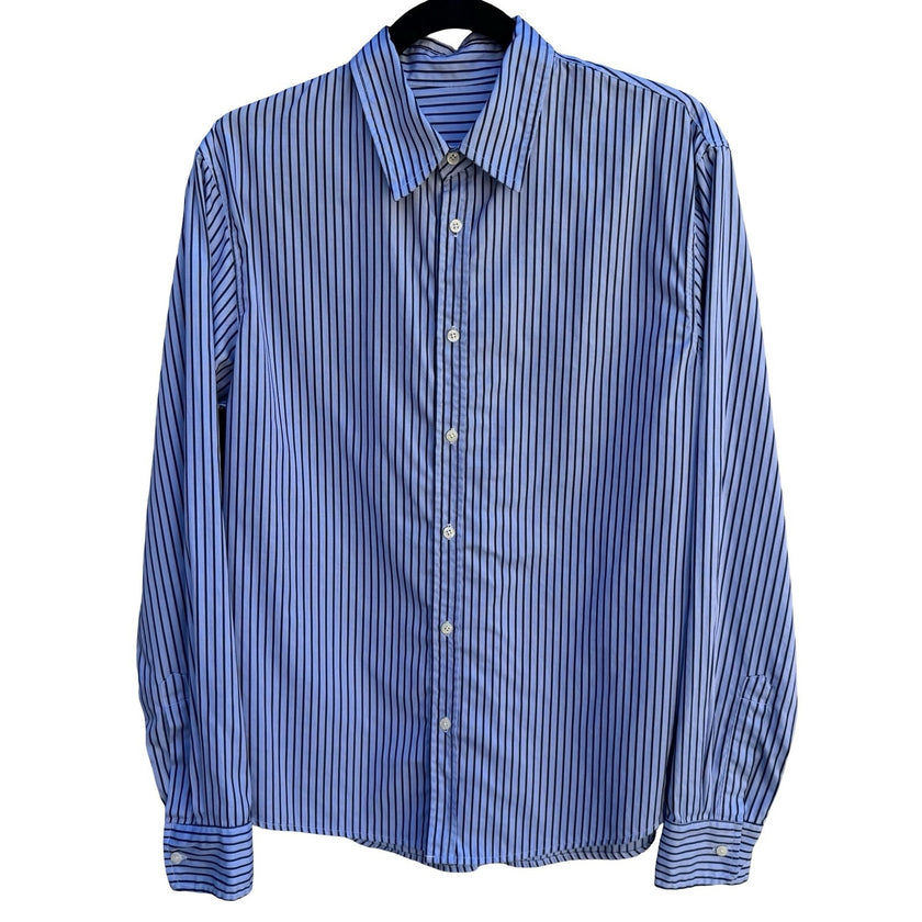 Vintage Blue Vertical Striped Long Sleeve Button Down Shirt Business Office Wear