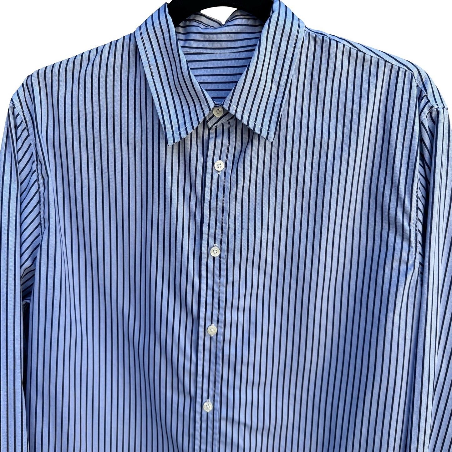 Vintage Blue Vertical Striped Long Sleeve Button Down Shirt Business Office Wear