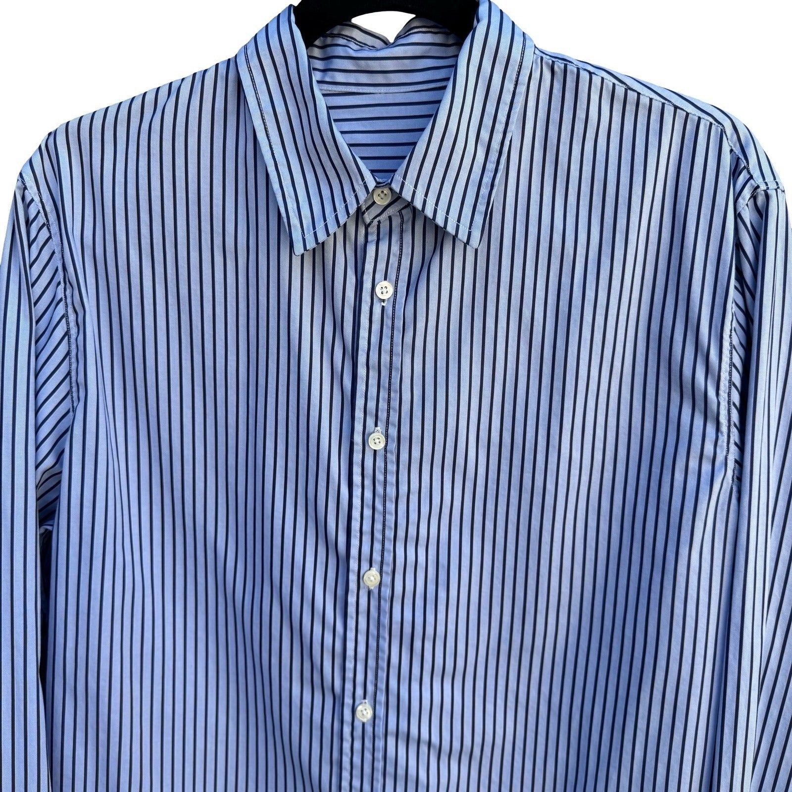 Vintage Blue Vertical Striped Long Sleeve Button Down Shirt Business Office Wear
