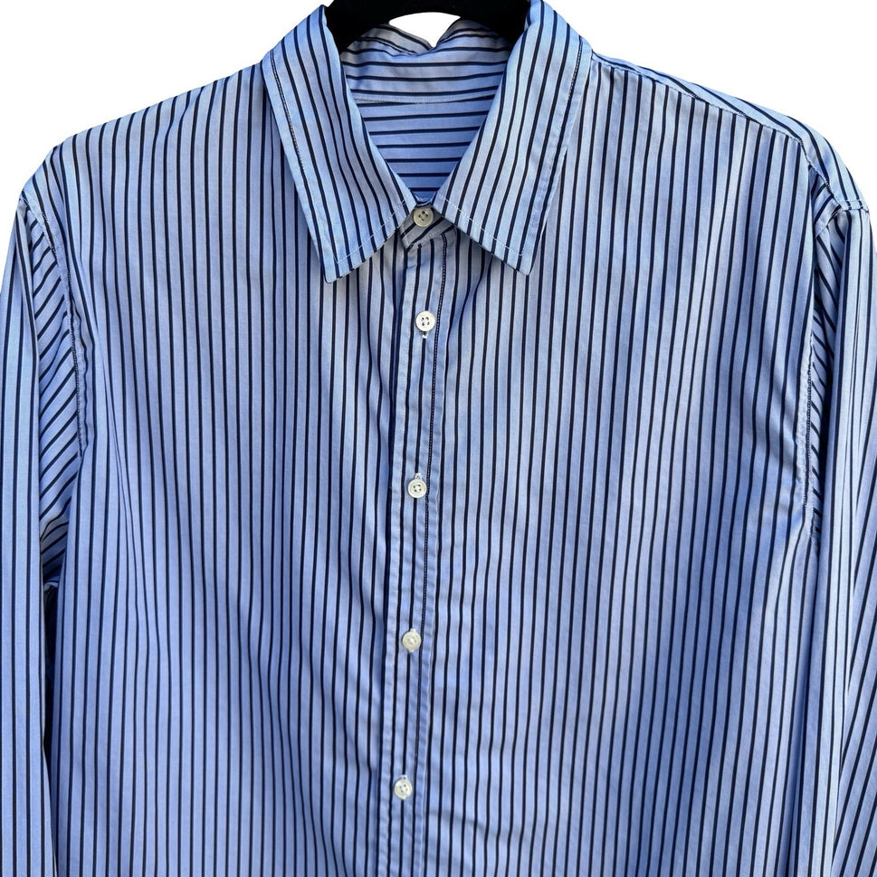 Vintage Blue Vertical Striped Long Sleeve Button Down Shirt Business Office Wear