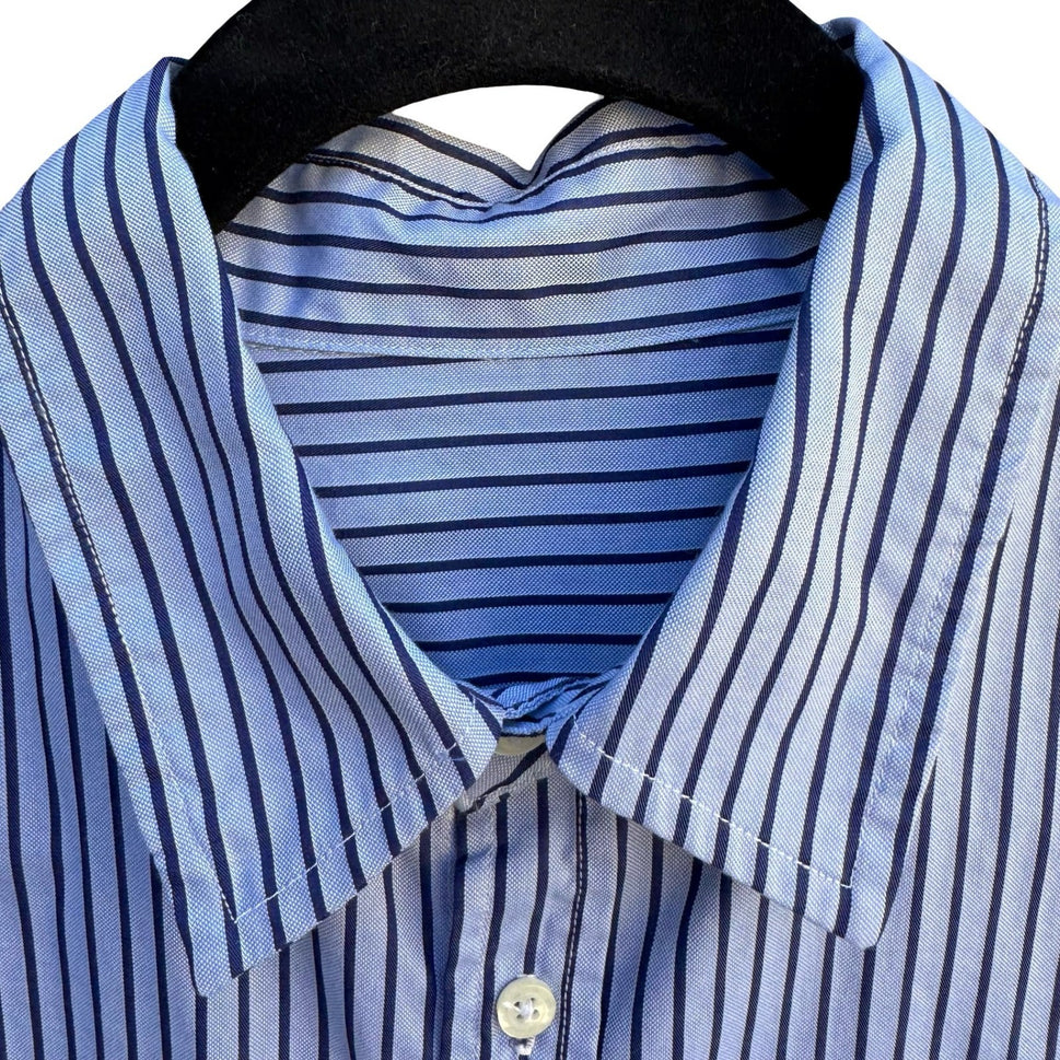 Vintage Blue Vertical Striped Long Sleeve Button Down Shirt Business Office Wear