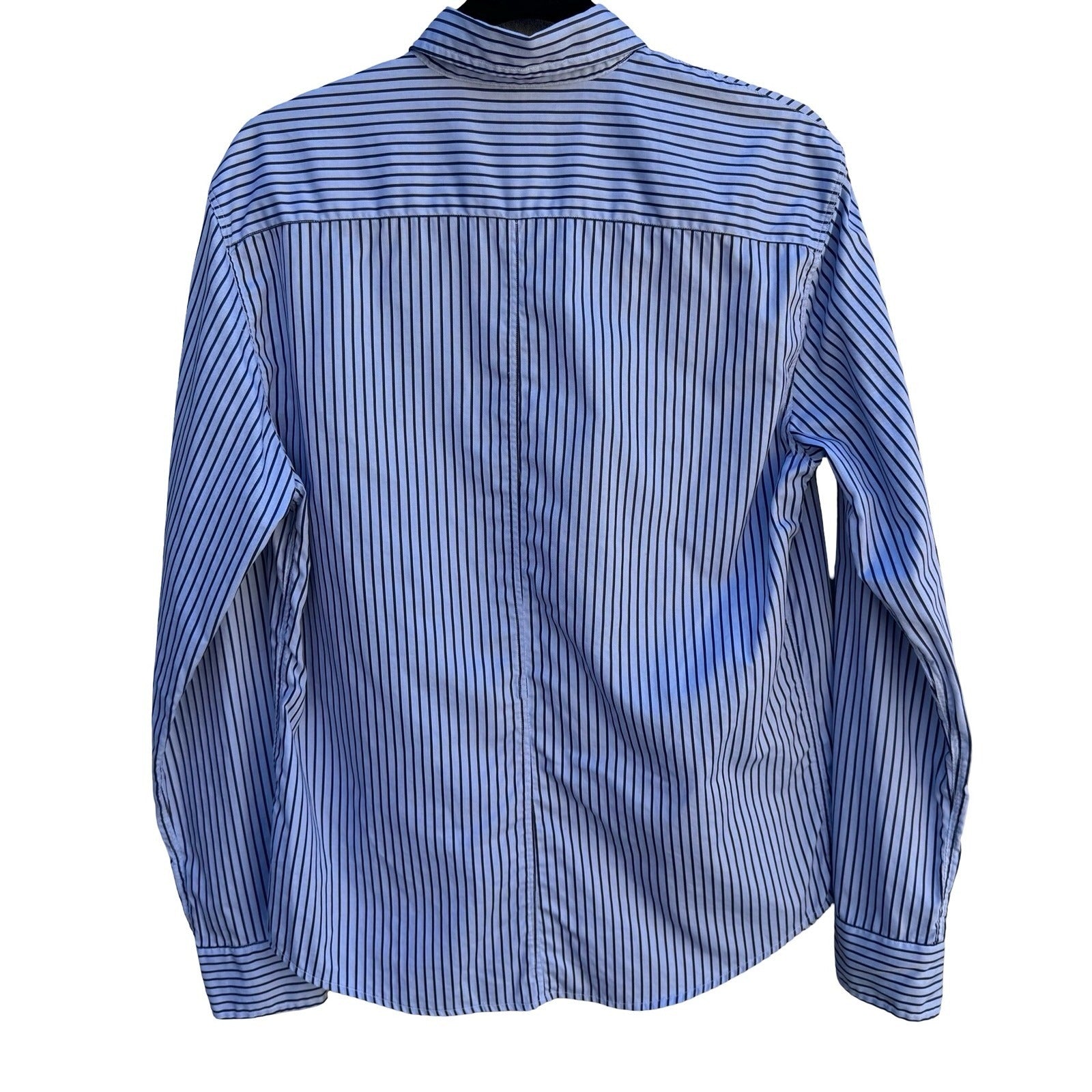 Vintage Blue Vertical Striped Long Sleeve Button Down Shirt Business Office Wear