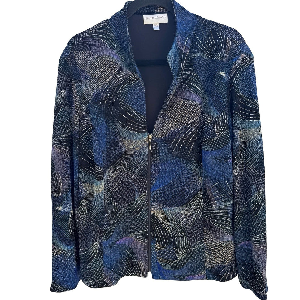 Drapers & Damons Blue Abstract Textured Zip Jacket PL Art To Wear Celestial